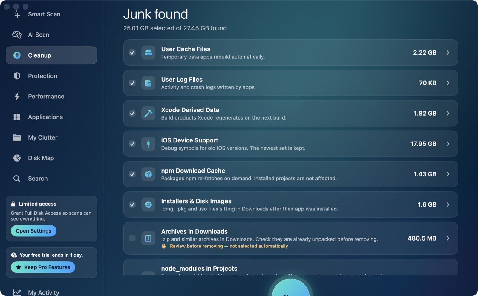 Cleanup results listing junk categories with sizes