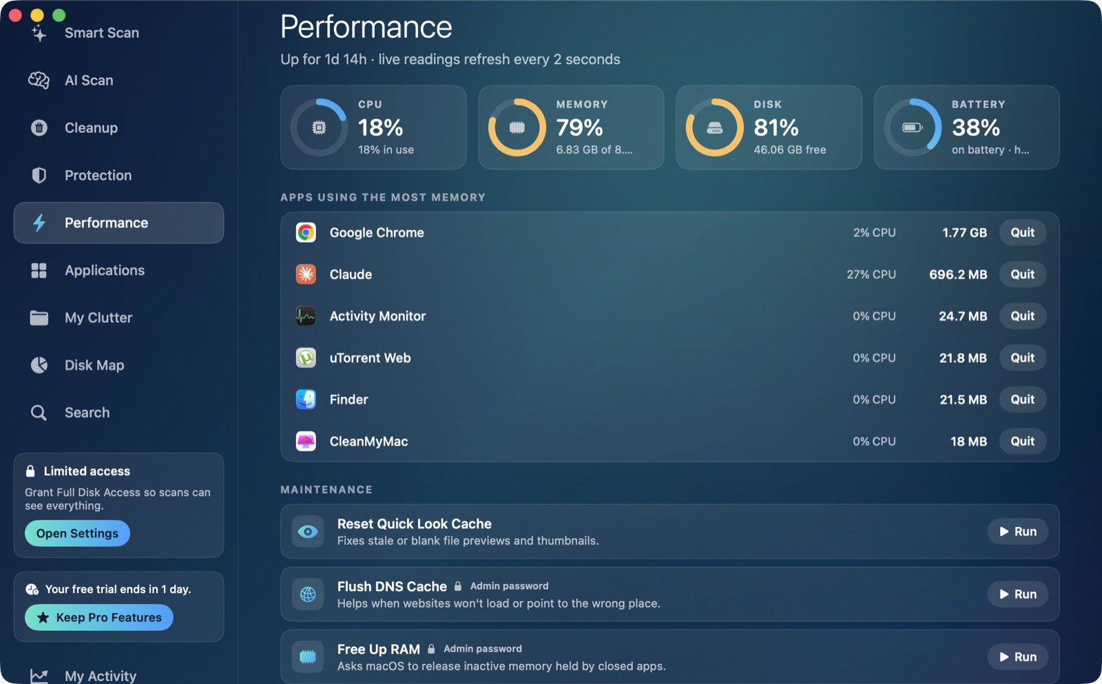 Performance screen with live gauges and heavy apps